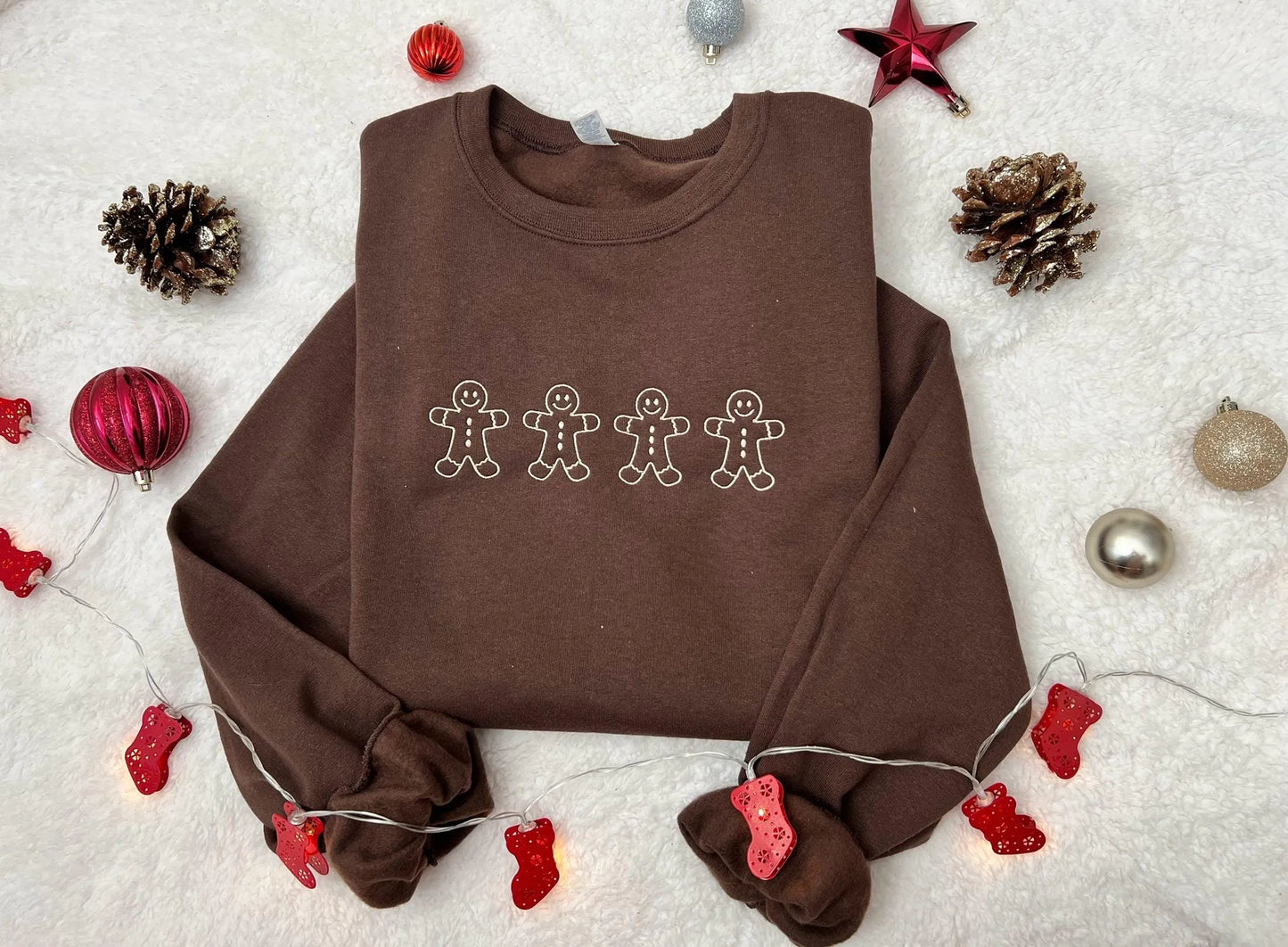 Gingerbread Men Embroidered Sweatshirt | Christmas Crewneck | Holiday Gift | Cozy Brown Sweatshirt | Festive Lounge Wear